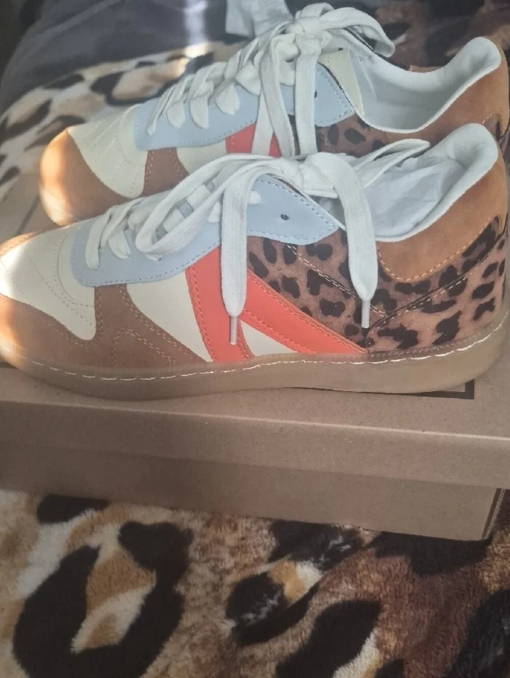 MIA White Tan Leopard Accent Sneakers with Orange Stripe